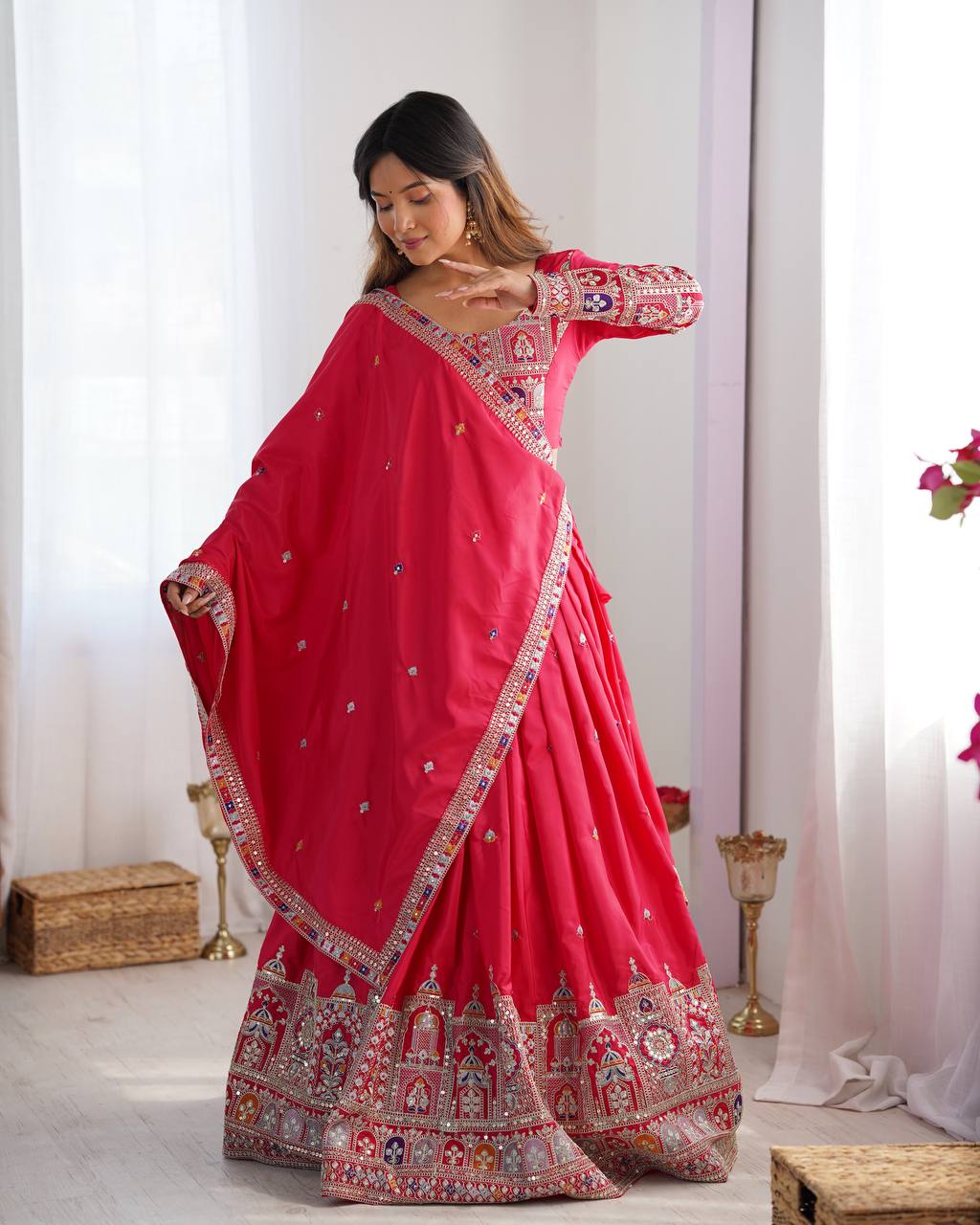 Majestic Midnight Black Designer Lehenga Choli Featuring Intricate Multicolored Architectural Embroidery and Mirror Work